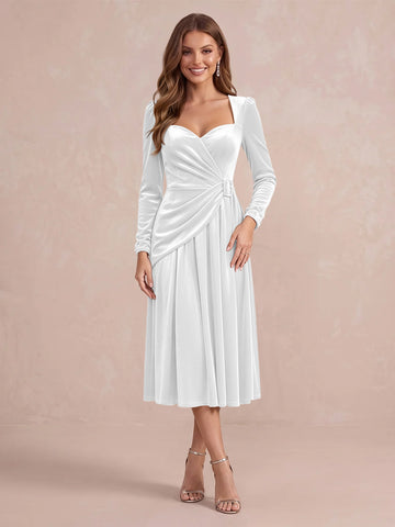 Burgundy A Line Tea Length Velvet Wedding Guest Dresses Sweetheart Cocktail Dresses