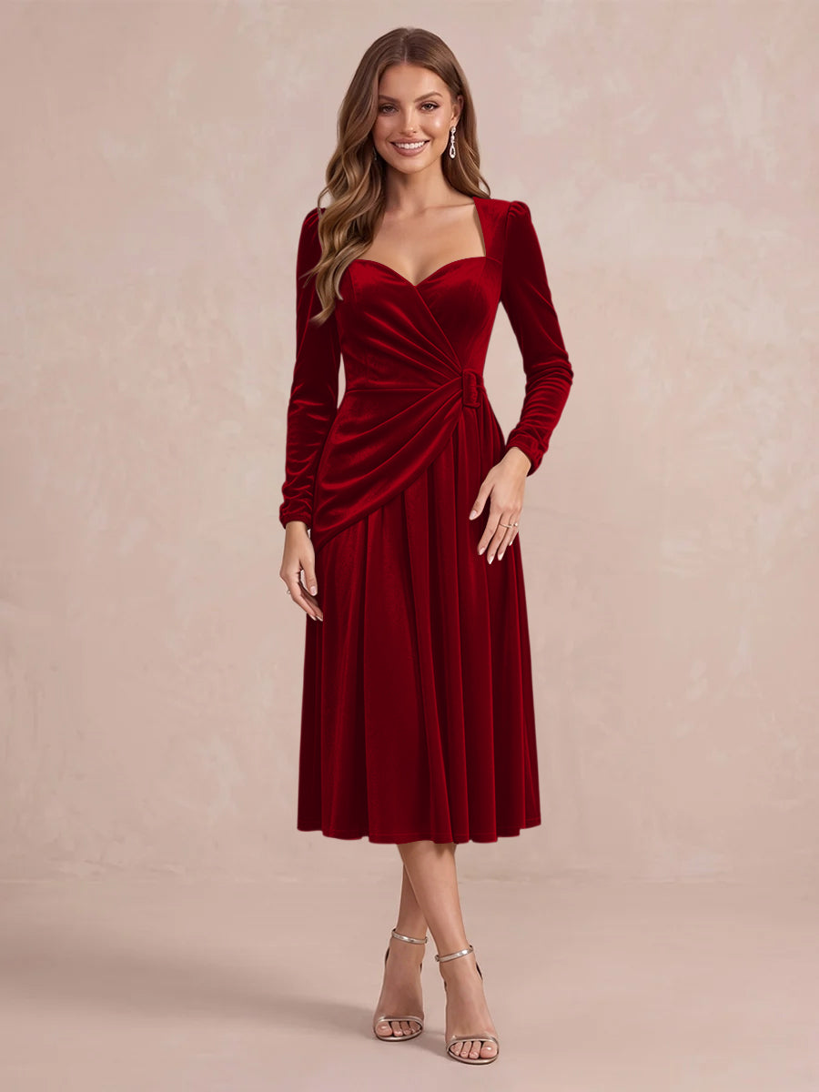 Burgundy A Line Tea Length Velvet Wedding Guest Dresses Sweetheart Cocktail Dresses
