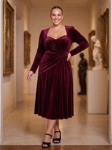 Burgundy A Line Tea Length Velvet Wedding Guest Dresses Sweetheart Cocktail Dresses Plus Size