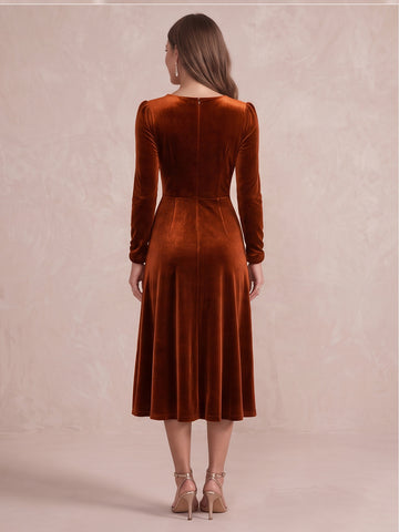 Rust A Line Tea Length Velvet Wedding Guest Dresses Sweetheart Cocktail Dresses