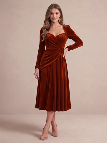 Rust A Line Tea Length Velvet Wedding Guest Dresses Sweetheart Cocktail Dresses