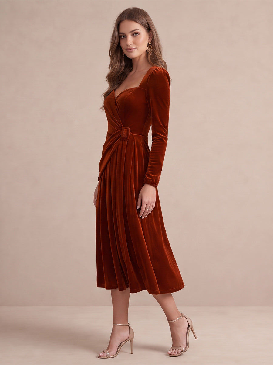 Rust A Line Tea Length Velvet Wedding Guest Dresses Sweetheart Cocktail Dresses