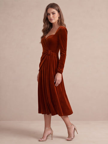 Rust A Line Tea Length Velvet Wedding Guest Dresses Sweetheart Cocktail Dresses