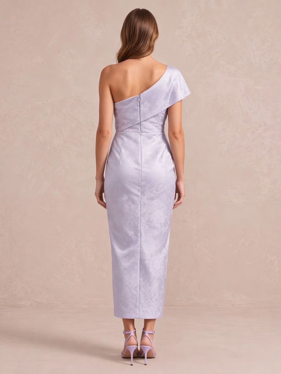 Lavender Sheath Ankle Length Jacquard Satin Wedding Guest Dresses One Shoulder Cocktail Dresses