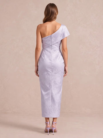 Lavender Sheath Ankle Length Jacquard Satin Wedding Guest Dresses One Shoulder Cocktail Dresses