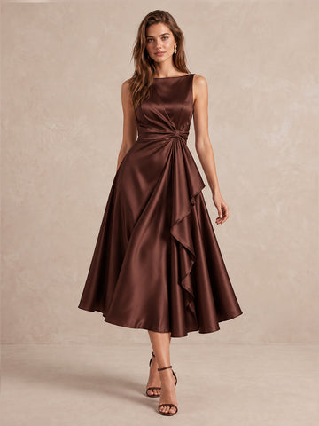 Chocolate A Line Tea Length Satin Wedding Guest Dresses Boat Neck Brown Cocktail Dresses