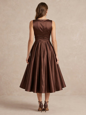 Chocolate A Line Tea Length Satin Wedding Guest Dresses Boat Neck Brown Cocktail Dresses Plus Size