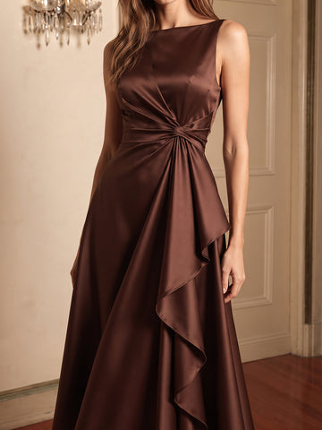 Chocolate A Line Tea Length Satin Wedding Guest Dresses Boat Neck Brown Cocktail Dresses Plus Size