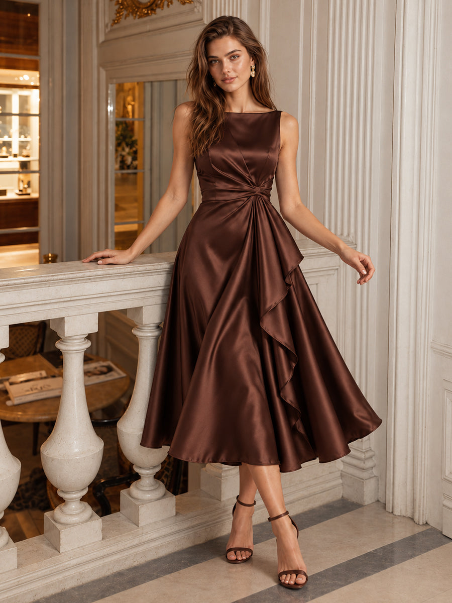 Chocolate A Line Tea Length Satin Wedding Guest Dresses Boat Neck Brown Cocktail Dresses Plus Size