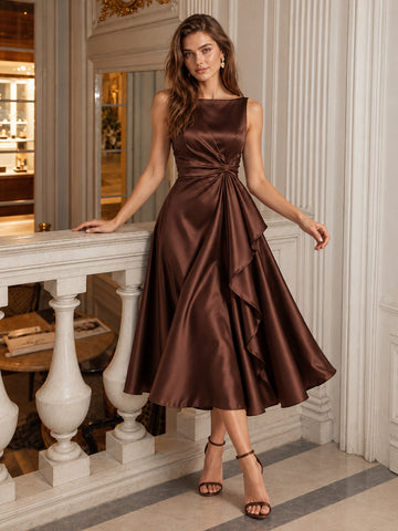 Chocolate A Line Tea Length Satin Wedding Guest Dresses Boat Neck Brown Cocktail Dresses Plus Size