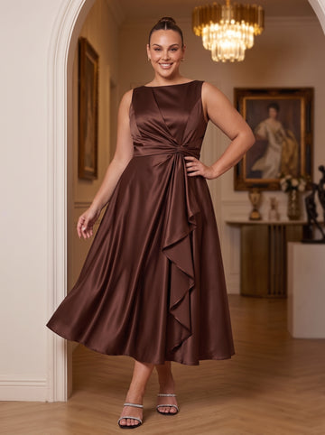 Chocolate A Line Tea Length Satin Wedding Guest Dresses Boat Neck Brown Cocktail Dresses Plus Size