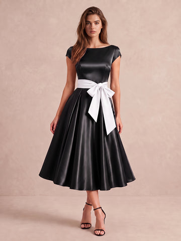 Black Cap Sleeve A Line Tea Length Satin Wedding Guest Dresses Boat Neck Cocktail Dresses