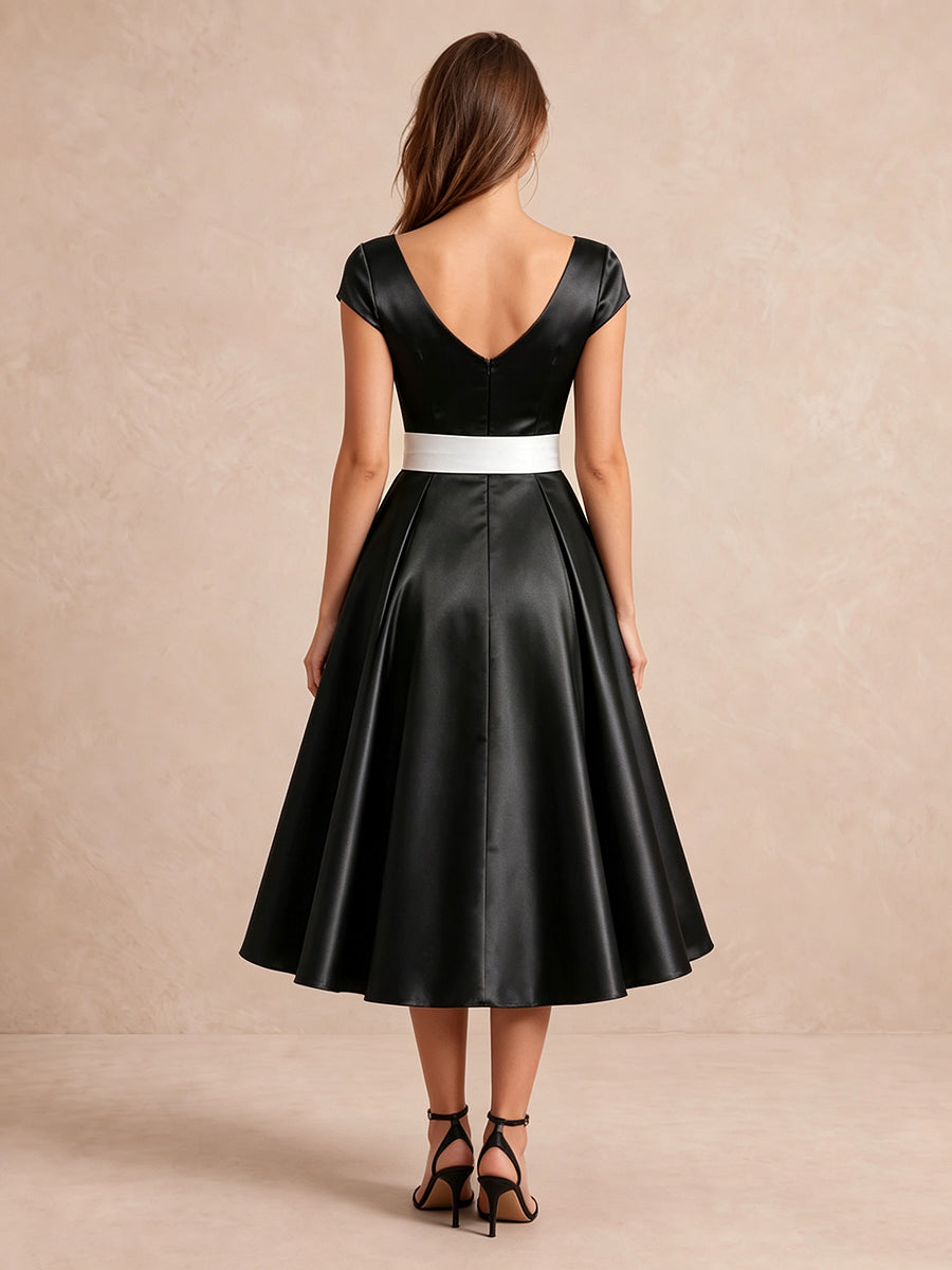 Black Cap Sleeve A Line Tea Length Satin Wedding Guest Dresses Boat Neck Cocktail Dresses