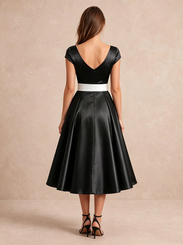 Black Cap Sleeve A Line Tea Length Satin Wedding Guest Dresses Boat Neck Cocktail Dresses