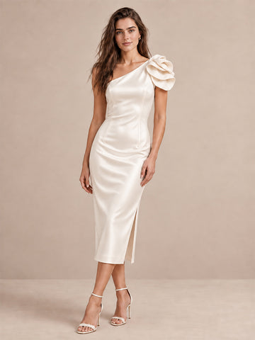 Ivory 3D Floral Sheath Midi Satin Wedding Guest Dresses One Shoulder Cocktail Dresses