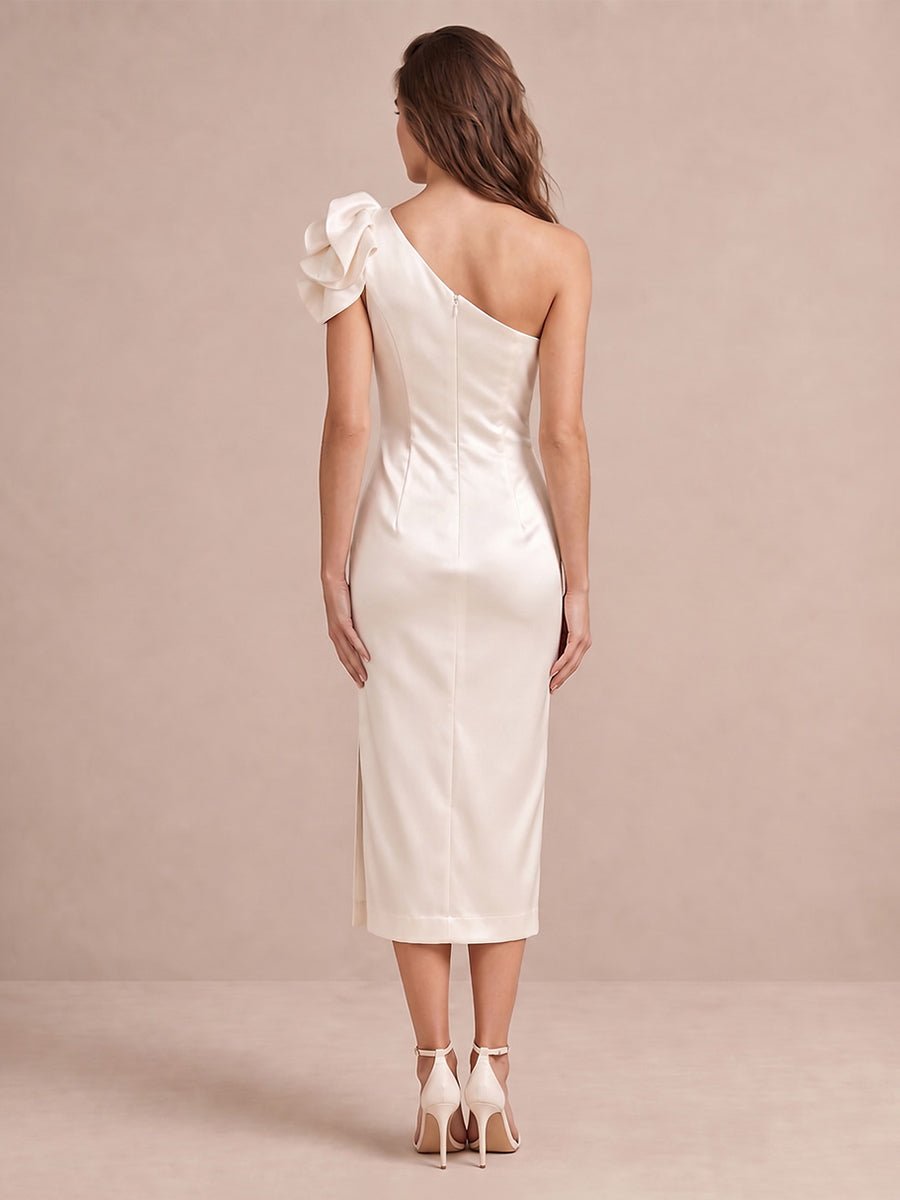 Ivory 3D Floral Sheath Midi Satin Wedding Guest Dresses One Shoulder Cocktail Dresses