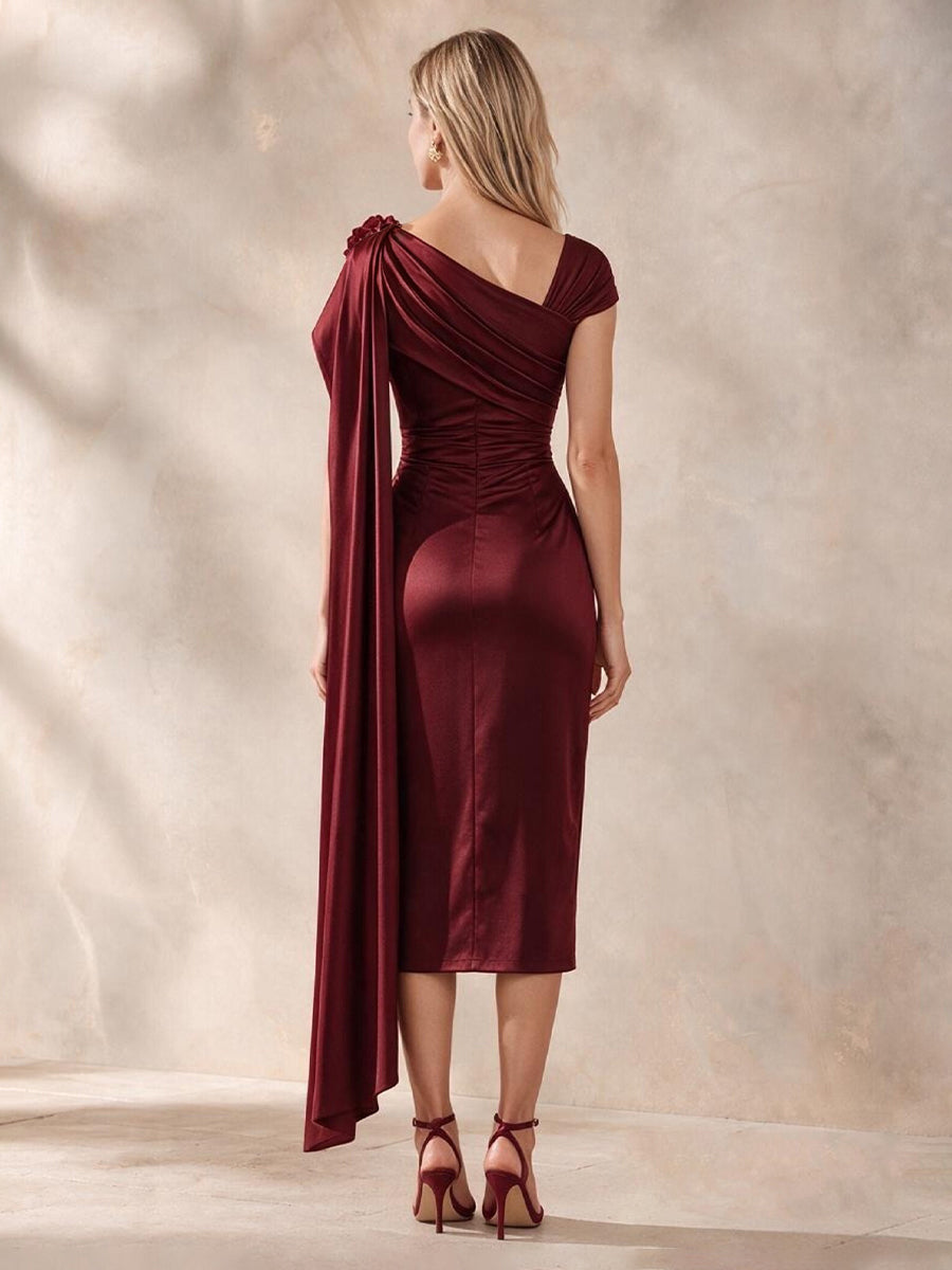 Burgundy Sheath Midi Satin Wedding Guest Dresses Asymmetrical Neck Cocktail Dresses