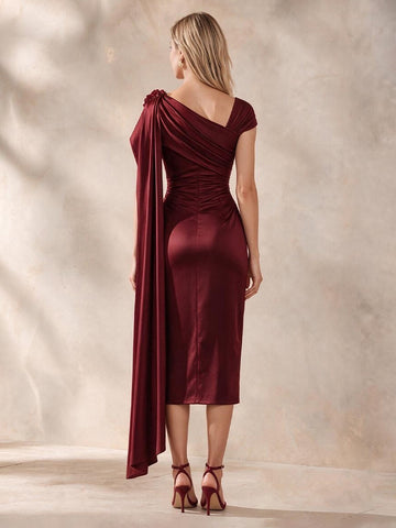 Burgundy Sheath Midi Satin Wedding Guest Dresses Asymmetrical Neck Cocktail Dresses
