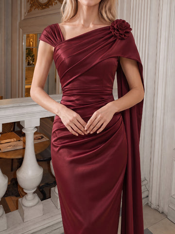 Burgundy Sheath Midi Satin Wedding Guest Dresses Asymmetrical Neck Cocktail Dresses