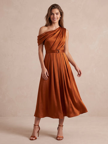 Rust A Line Midi Satin Wedding Guest Dresses Asymmetrical Off Shoulder Cocktail Dresses