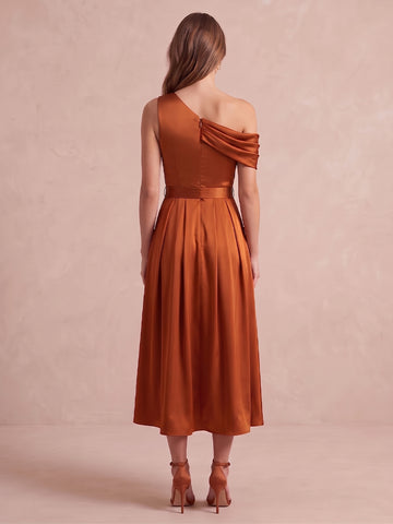 Rust A Line Midi Satin Wedding Guest Dresses Asymmetrical Off Shoulder Cocktail Dresses Plus Size