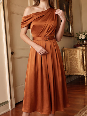 Rust A Line Midi Satin Wedding Guest Dresses Asymmetrical Off Shoulder Cocktail Dresses Plus Size