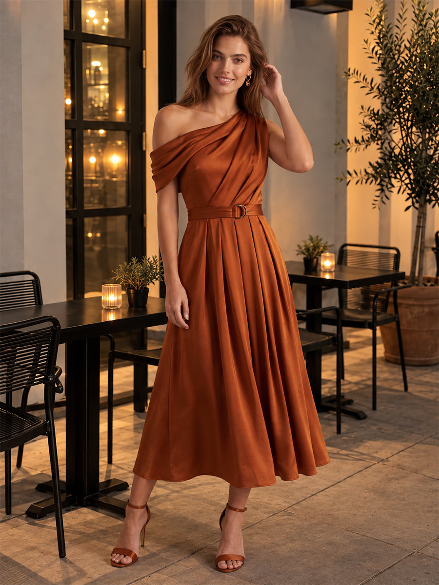 Rust A Line Midi Satin Wedding Guest Dresses Asymmetrical Off Shoulder Cocktail Dresses Plus Size