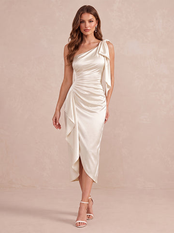 Ivory Sheath Midi Satin Wedding Guest Dresses Ruffles One Shoulder Cocktail Dresses
