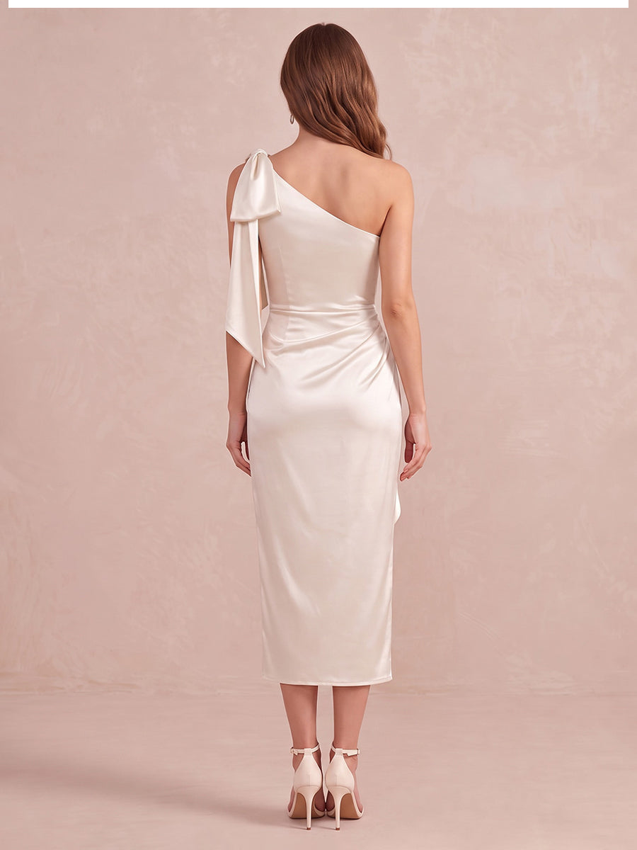 Ivory Sheath Midi Satin Wedding Guest Dresses Ruffles One Shoulder Cocktail Dresses
