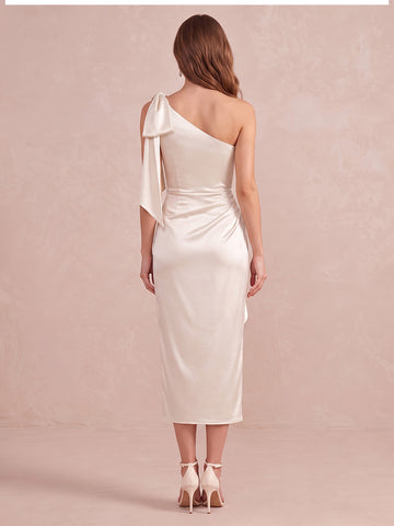 Ivory Sheath Midi Satin Wedding Guest Dresses Ruffles One Shoulder Cocktail Dresses