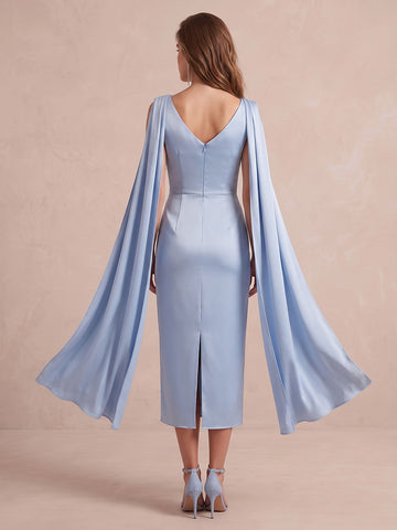 Light Blue Sheath Midi Satin Wedding Guest Dresses Cowl Neck Cocktail Dresses