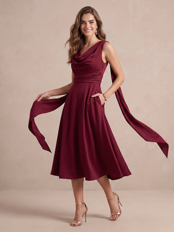 Burgundy A Line Midi Satin Wedding Guest Dresses Cowl Neck Cocktail Dresses