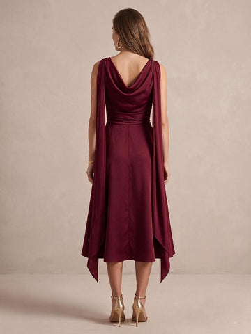 Burgundy A Line Midi Satin Wedding Guest Dresses Cowl Neck Cocktail Dresses