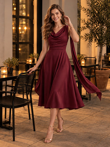 Burgundy A Line Midi Satin Wedding Guest Dresses Cowl Neck Cocktail Dresses