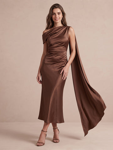 Chocolate Brown Sheath Midi Satin Wedding Guest Dresses Asymmetrical Draped Neck Cocktail Dresses