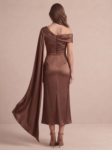 Chocolate Brown Sheath Midi Satin Wedding Guest Dresses Asymmetrical Draped Neck Cocktail Dresses Plus