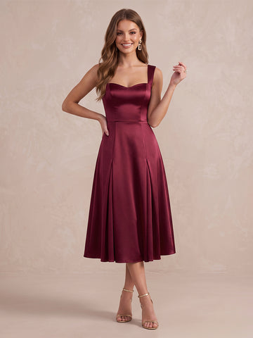Burgundy A Line Midi Satin Wedding Guest Dresses Sweetheart Neck Cocktail Dresses
