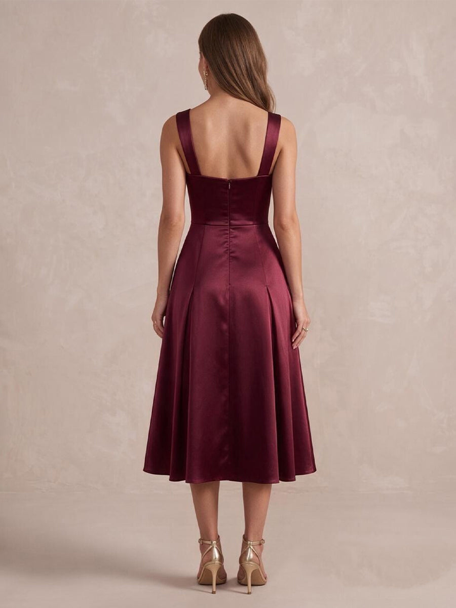 Burgundy A Line Midi Satin Wedding Guest Dresses Sweetheart Neck Cocktail Dresses Plus Size
