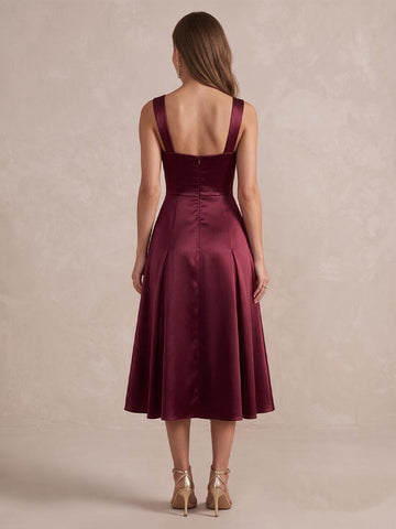 Burgundy A Line Midi Satin Wedding Guest Dresses Sweetheart Neck Cocktail Dresses Plus Size