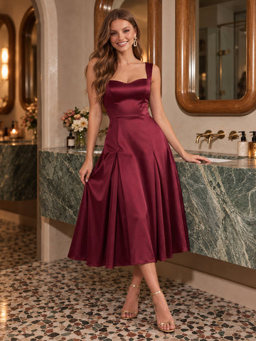 Burgundy A Line Midi Satin Wedding Guest Dresses Sweetheart Neck Cocktail Dresses Plus Size