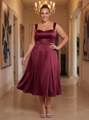 Burgundy A Line Midi Satin Wedding Guest Dresses Sweetheart Neck Cocktail Dresses Plus Size
