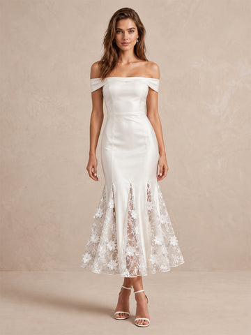 Ivory Mermaid Midi Satin 3D Floral Appliqué Wedding Guest Dresses Off Shoulder Cocktail Dresses