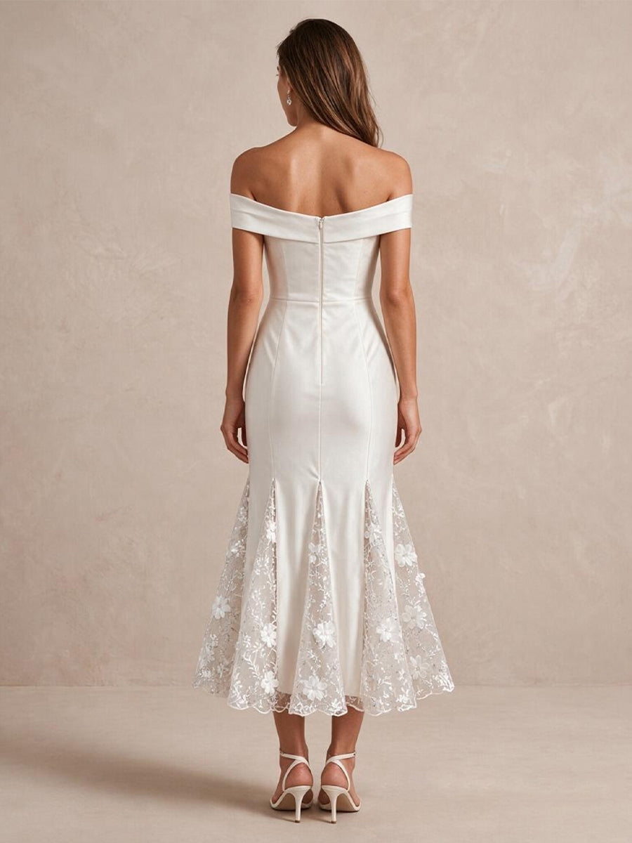 Ivory Mermaid Midi Satin 3D Floral Appliqué Wedding Guest Dresses Off Shoulder Cocktail Dresses