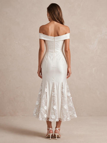 Ivory Mermaid Midi Satin 3D Floral Appliqué Wedding Guest Dresses Off Shoulder Cocktail Dresses