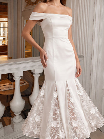 Ivory Mermaid Midi Satin 3D Floral Appliqué Wedding Guest Dresses Off Shoulder Cocktail Dresses