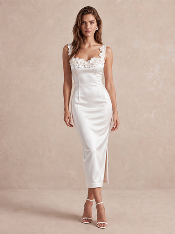 Ivory Sheath Midi Satin Wedding Guest Dresses Sweetheart Neck Cocktail Dresses