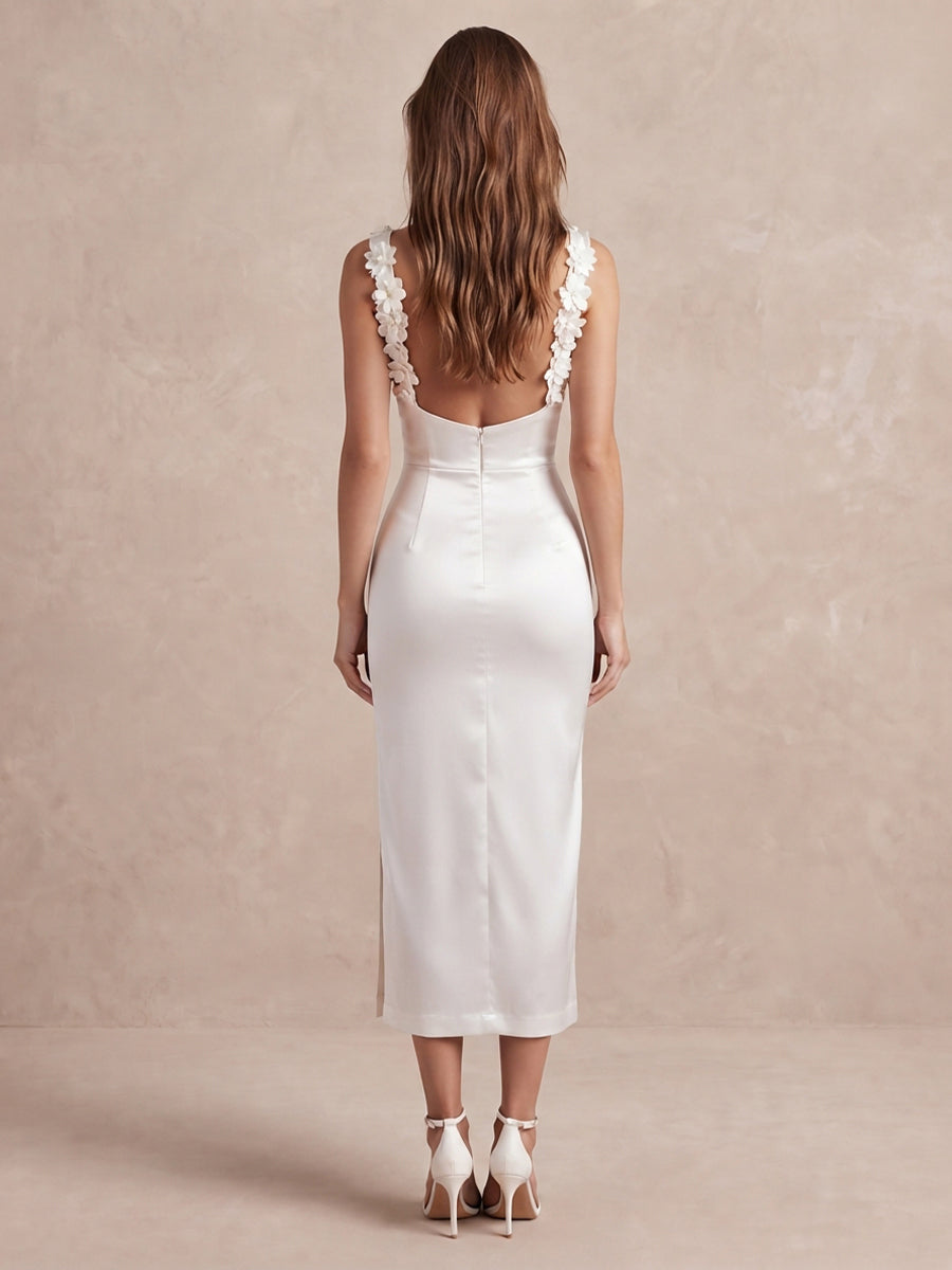 Ivory Sheath Midi Satin Wedding Guest Dresses Sweetheart Neck Cocktail Dresses