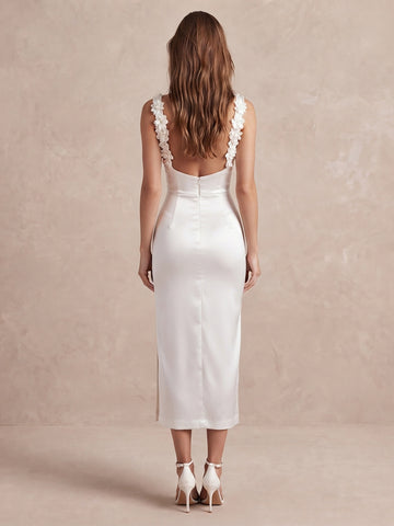 Ivory Sheath Midi Satin Wedding Guest Dresses Sweetheart Neck Cocktail Dresses