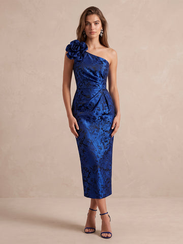 Royal Blue Sheath Ankle Length Jacquard Satin Wedding Guest Dresses One Shoulder Cocktail Dresses