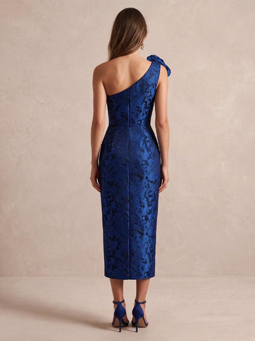 Royal Blue Sheath Ankle Length Jacquard Satin Wedding Guest Dresses One Shoulder Cocktail Dresses